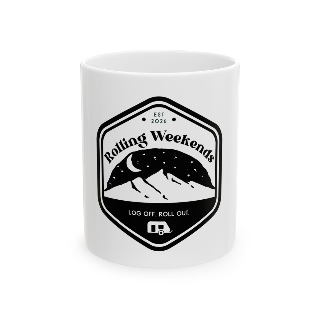 Rolling Weekends Mug — "Log Off, Roll Out" Ceramic Coffee Cup (11oz/15oz)