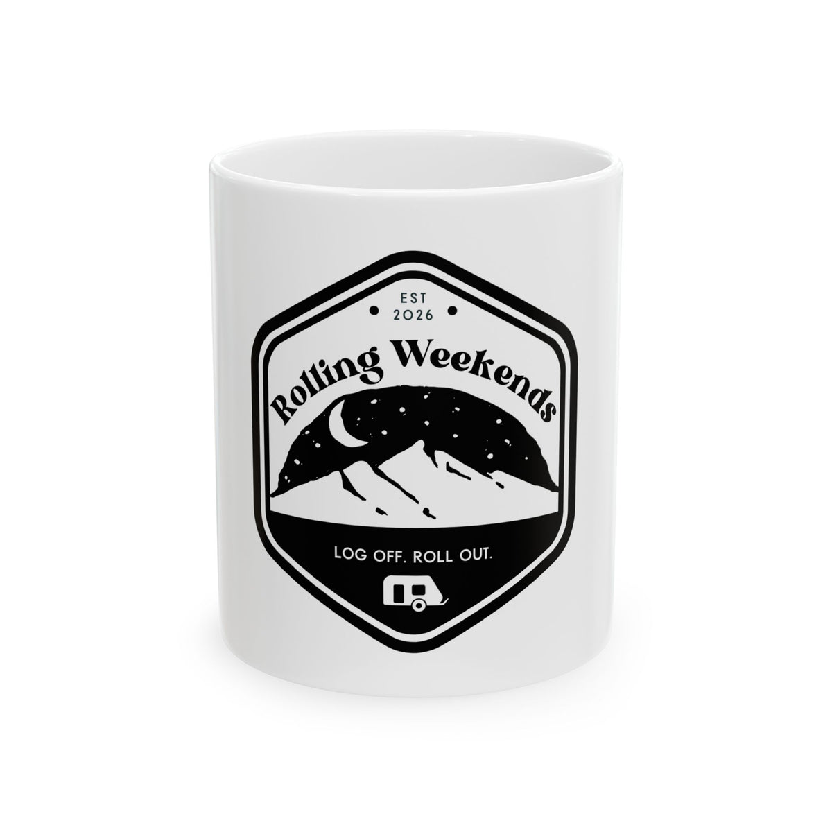 Rolling Weekends Mug — "Log Off, Roll Out" Ceramic Coffee Cup (11oz/15oz)